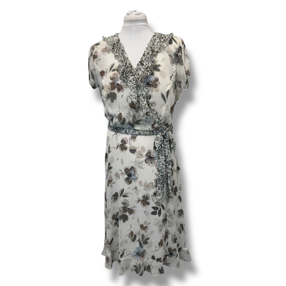 MSK Women’s Ruffle V-Neck A-Line Faux Wrap Midi Dress 2-Piece Floral Neutrals 12